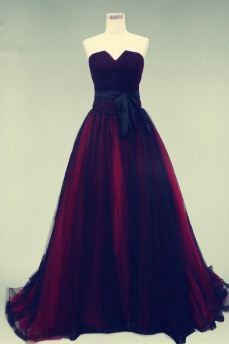 Black Red Strapless Prom Dress Tulle Evening Dress