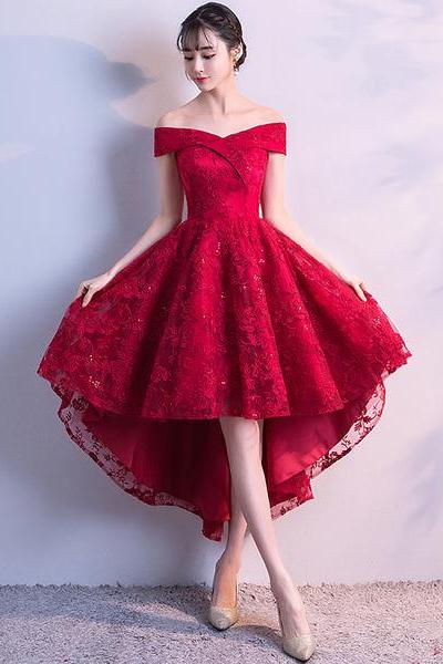 Cute Red V Neck Lace Short Prom Dress, Homecoming Dress