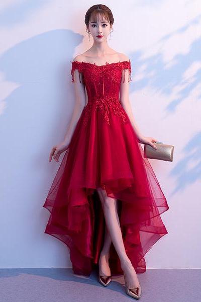 Burgundy Lace Off Shoulder Prom Dress, Burgundy Evening Dress