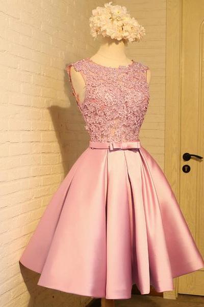 Cute Round Neck Lace Short Prom Dress, Homecoming Dress