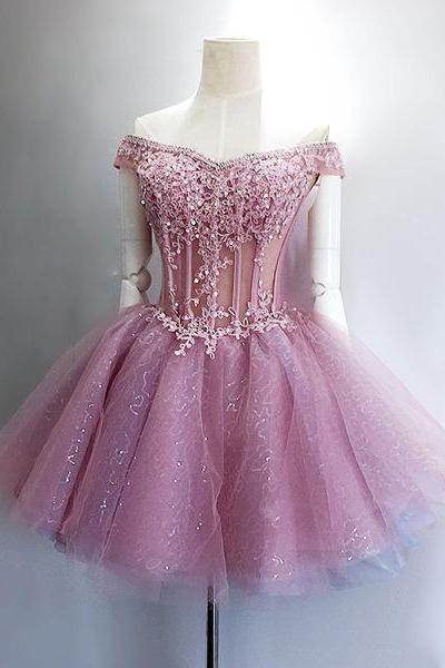 Pink Tulle Lace Short Prom Dress Evening Dress