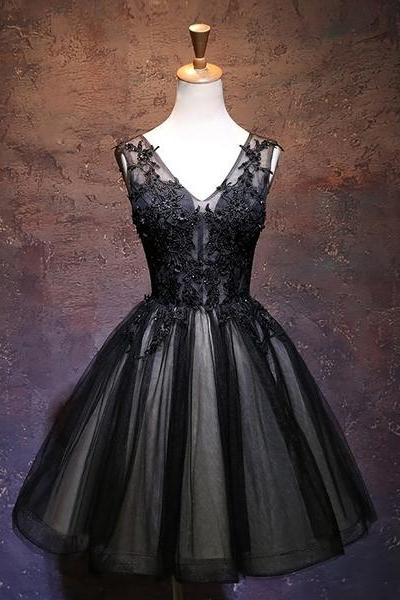 Black V Neck Tulle Lace Short Prom Dress, Evening Dress