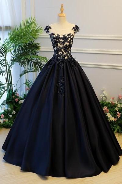 Dark Blue Satin Lace Long Prom Gown Formal Dress