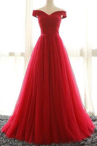 Red V Neck Tulle Long Prom Dress Evening Gdress