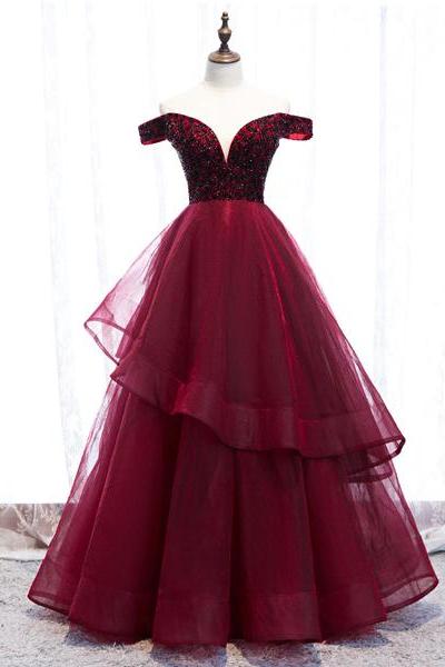 Burgundy Off The Shoulder Tulle Long Prom Gown Formal Evening Dress