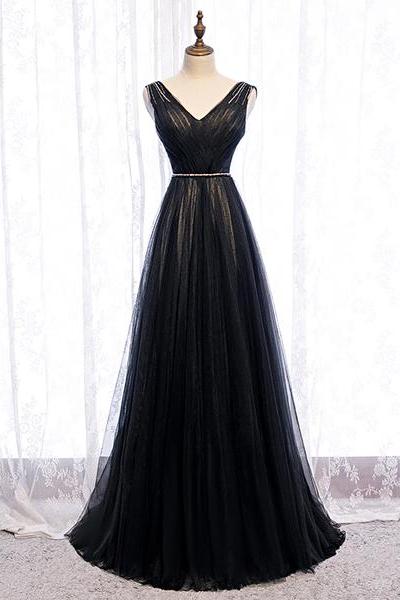 Black V Neck Tulle Long Prom Dress Formal Dresses