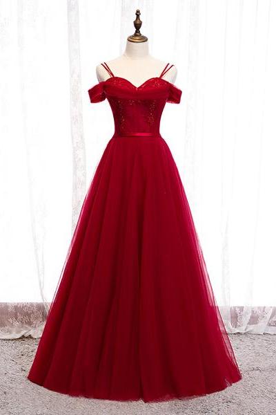 Burgundy Tulle Long Prom Dress Evening Dresses Off The Shoulder