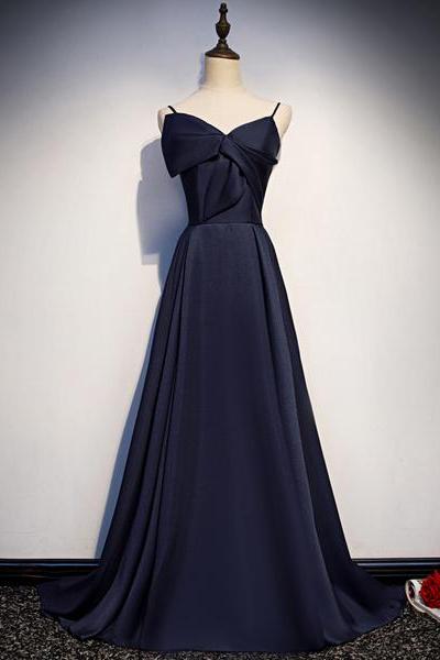 Dark Blue Satin Long Prom Dress, Simple Evening Dress