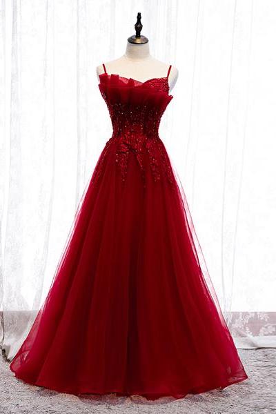 Burgundy Tulle Lace Long Prom Dress Lace Up Back