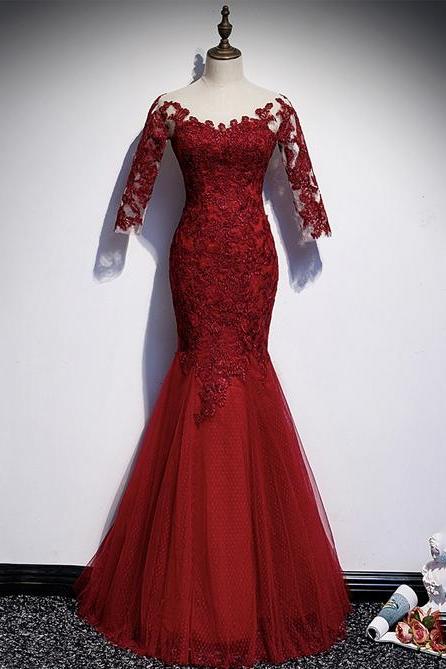 Burgundy Lace Applique Long Sleeve Prom Dress Mermaid Evening Dress