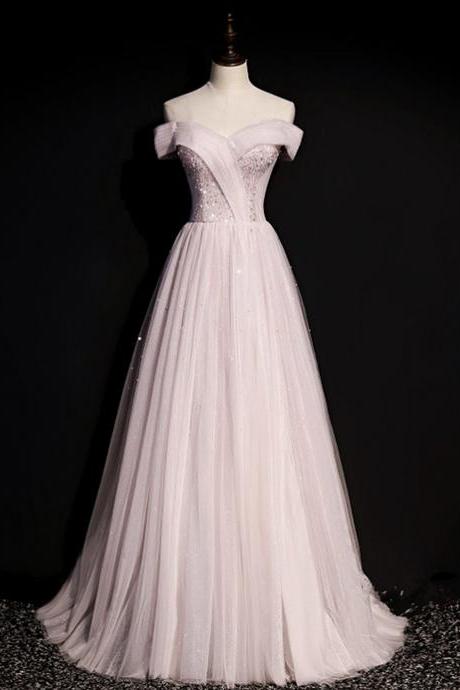 Pink Tulle Beads Long Prom Dress A Line Evening Dress