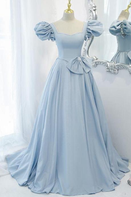 Blue Saitn Long A Line Cap Sleeve Prom Dress Blue Evening Dresses
