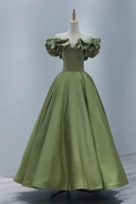 Green Satin Full Length A Line Prom Dress Evening Dress Lace Up Back