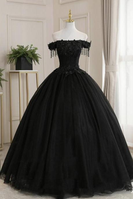 Black Off Shoulder Tulle Lace Long Ball Gown Dress Formal Dresses