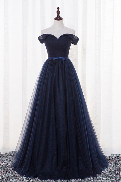 Navy Blue Tulle Long Prom Dress,evening Dress, Prom Dresses