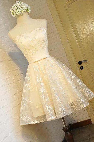 Champagne Tulle Short Prom Dress Lace Cocktail Dress