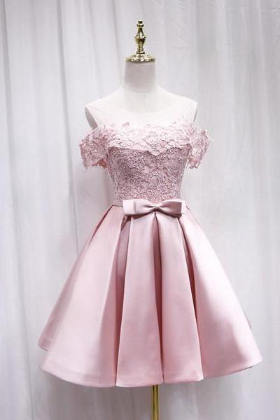 Pink Satin Lace Short Prom Dress Cocktail Dress