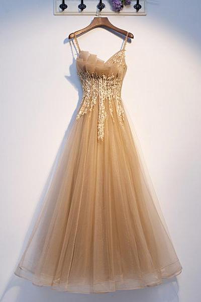 Gold V Neck Tulle Lace Prom Dress Evening Dress