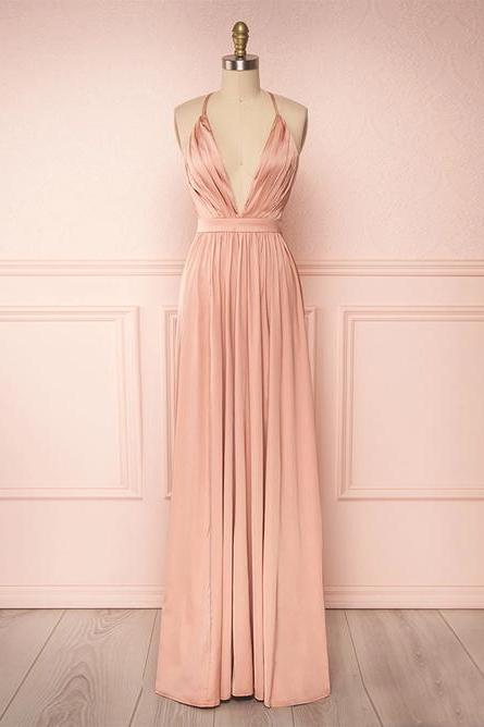 Pink Sexy V Neck Satin Long Prom Dress Evening Dresses