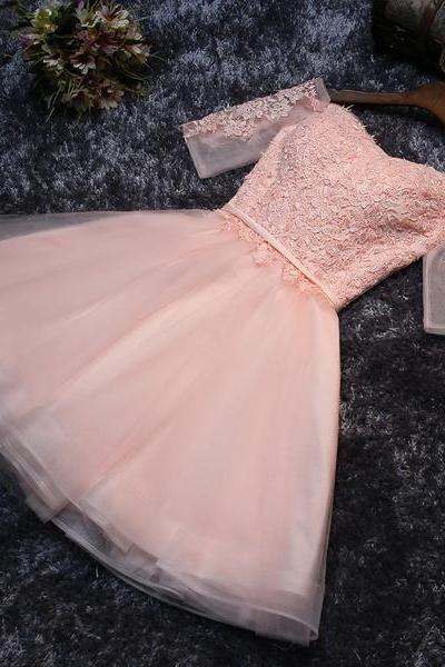 Pink Tulle Lace Short Prom Dresses Lace Evening Dress