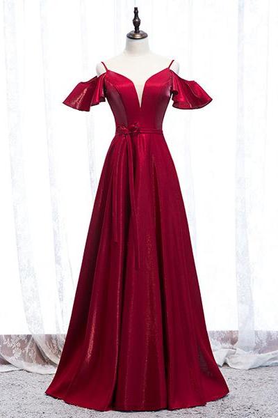 Burgundy V Neck Long Prom Dresses Evening Dress