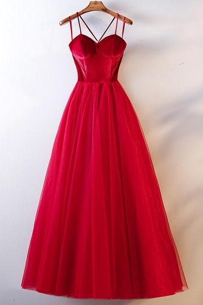 Red Tulle Velvet Long Prom Dress, Evening Dress
