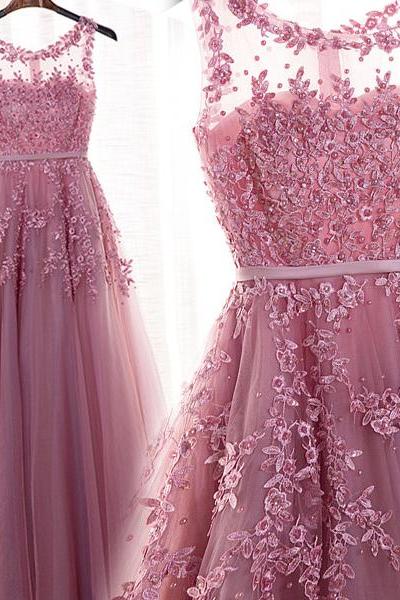 Pink Red Lace Tulle Long Prom Dress Evening Dresses