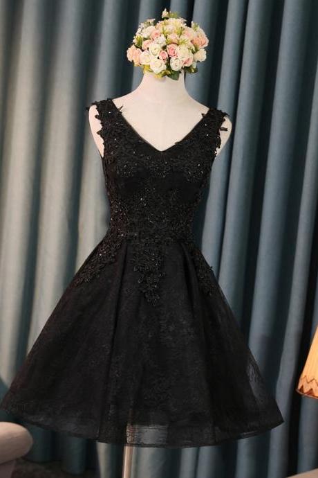 Black V Neck Lace Short Prom Dress, Lace Evening Dress
