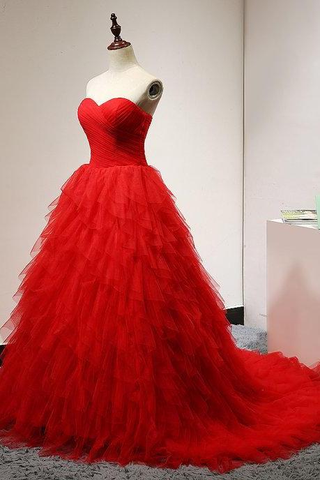Red Strapless A Line Evening Dress Tulle Prom Dresses