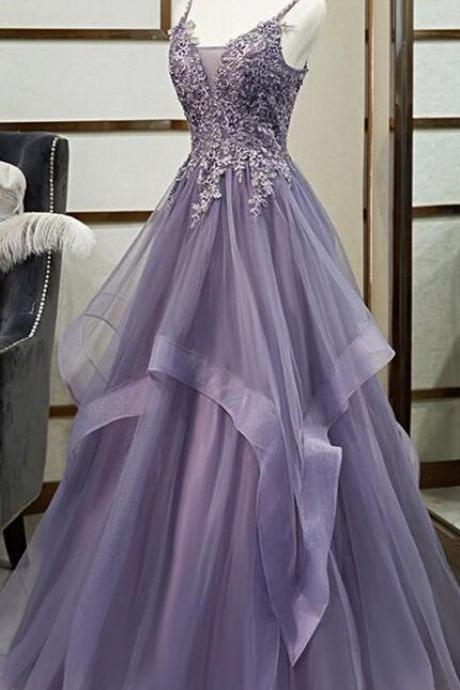 Purple Lace Applique Tulle Prom Dress Evening Dress Bridal Dress