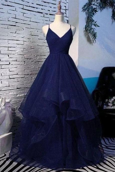 Pretty Navy Blue Tulle Layers Straps Long Evening Party Dress Blue Prom Dress