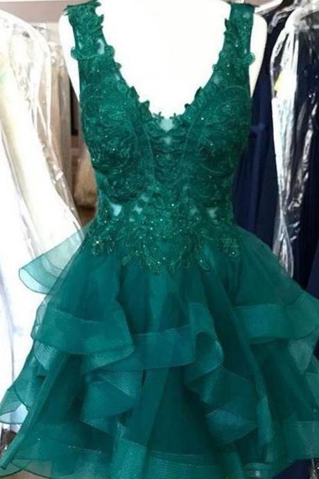 Princess Lace Appliques Dark Green Prom Dress Homecoming Dress