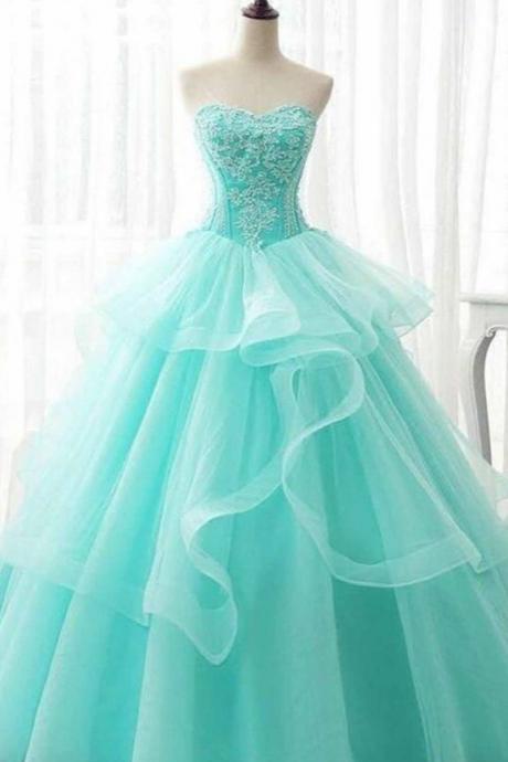 Green Tulle Sweet Prom Dress Strapless Long Dress A Line Corset Evening Dress