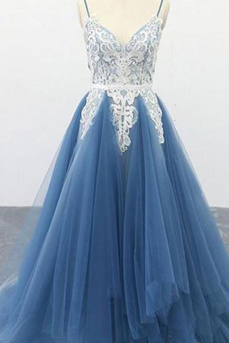 Spaghetti Straps A Line Ivory Appliqued Blue Tulle Prom Dresses