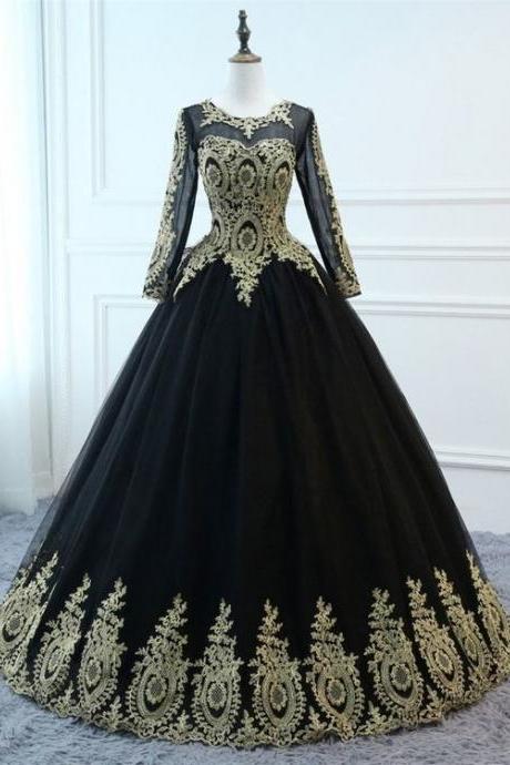 Black Long Sleeve Lace Applique Prom Dress Evening Dress