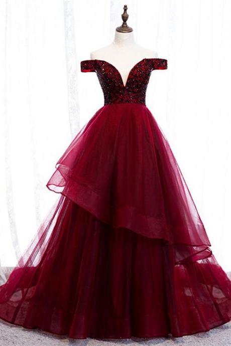 Burgundy V Neck Off The Shoulder Tulle Prom Dress Formal Dress