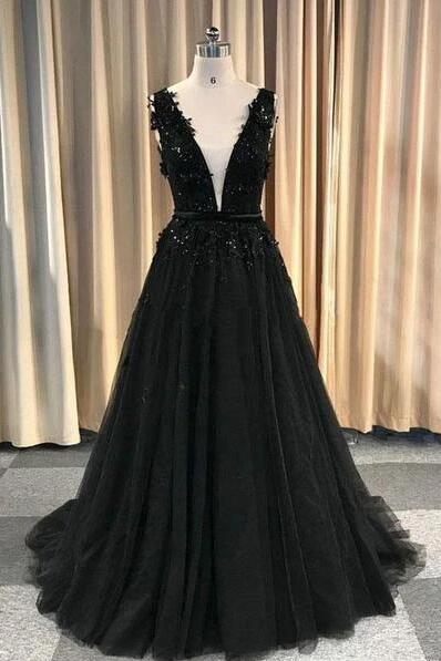 Formal Deep V-neck Long Black Party Prom Dresses With Lace Appliques