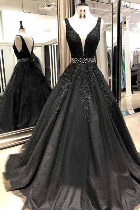 Formal Deep V-neck Beading Long Black Party Prom Dresses With Lace Appliques