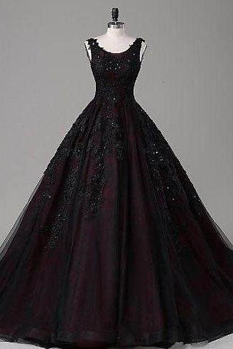 Gothic Lace Tulle Quinceanera A Line Dress Long Dance Prom Dress