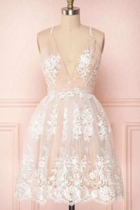 White Lace Short Prom Formal Bridal Dress