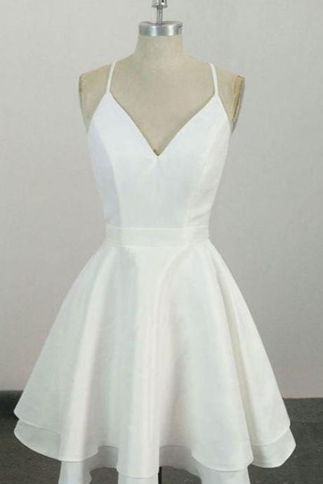 White V Neck Knee Length Short Prom Dress, Homecoming Dress