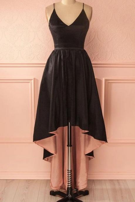 V-neck Homecoming Dress,black Satin High Low Prom Dress, A-line Prom Gown