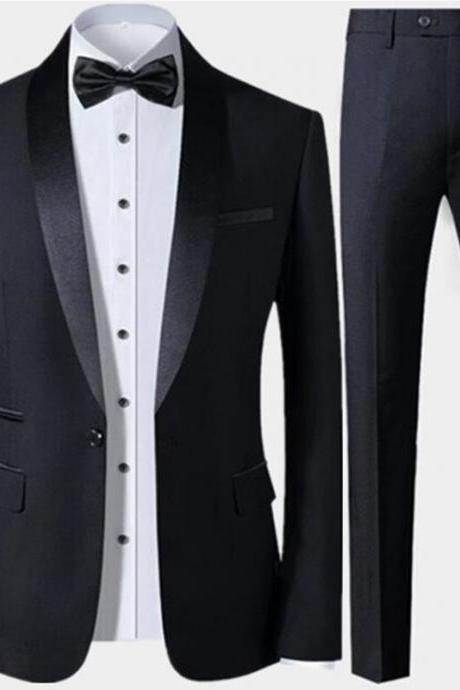 Men's Lapel Collar 2 Piece Suit Set Coat Trousers / Business Groomsmen Groom Wedding Dress Blazer Pants