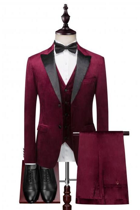 3 Pieces Suits Sets / Men's Velvet Luxury Embossed Craft Design Banquet Dress Blazer Vest Pants Jacket Trousers Waistcoat