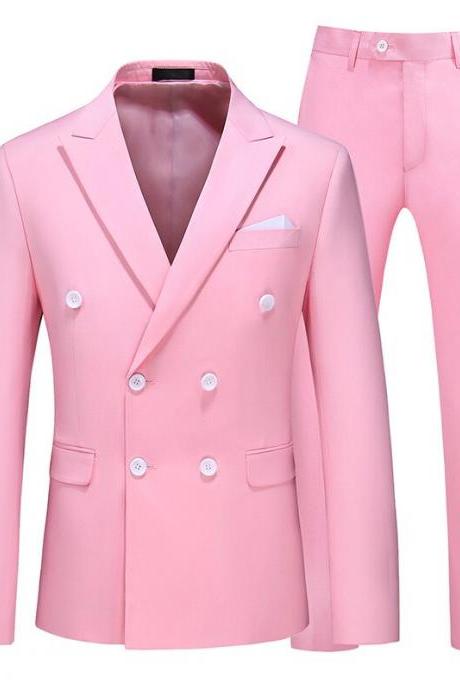 Men's Casual Boutique Business Double Breasted Suit Coat 2 Piece Set / Male Solid Color Slim Fit Blazers Jacket Pants Trousers