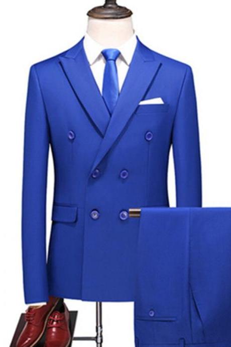 Men's Business Double Breasted Solid Color Suit Coat / Male Slim Wedding 2 Pieces Blazers Jacket Pants Trousers