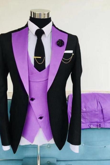  Latest design Classic pink with black wedding suit for men suits slim fit groom best man party tuxedo 3 piece Blazer Jacket