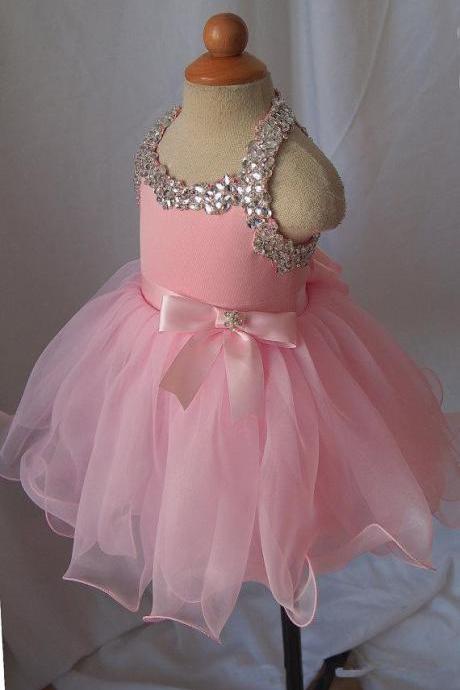 Pink Tulle Bead Flower Girl Dress Kids Party Clothing