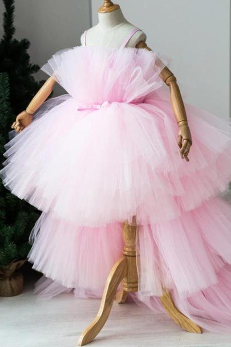 Pink Hi-Lo Puffy Layers Flower Girl Dresses Tulle Kids Princess Dress Bow Shoulder Kids First Communion Dresses Birthday