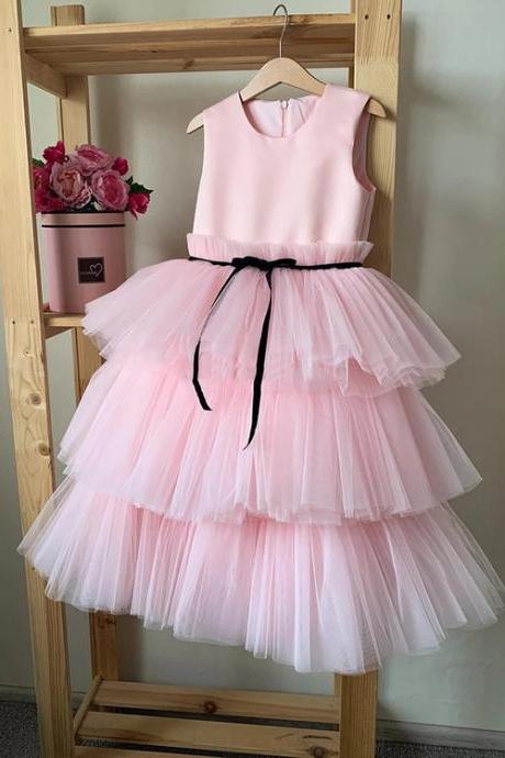 Real Photo Pink White Tulle Kids Flower Girl Dress For Wedding Birthday First Holy Communion Dresses